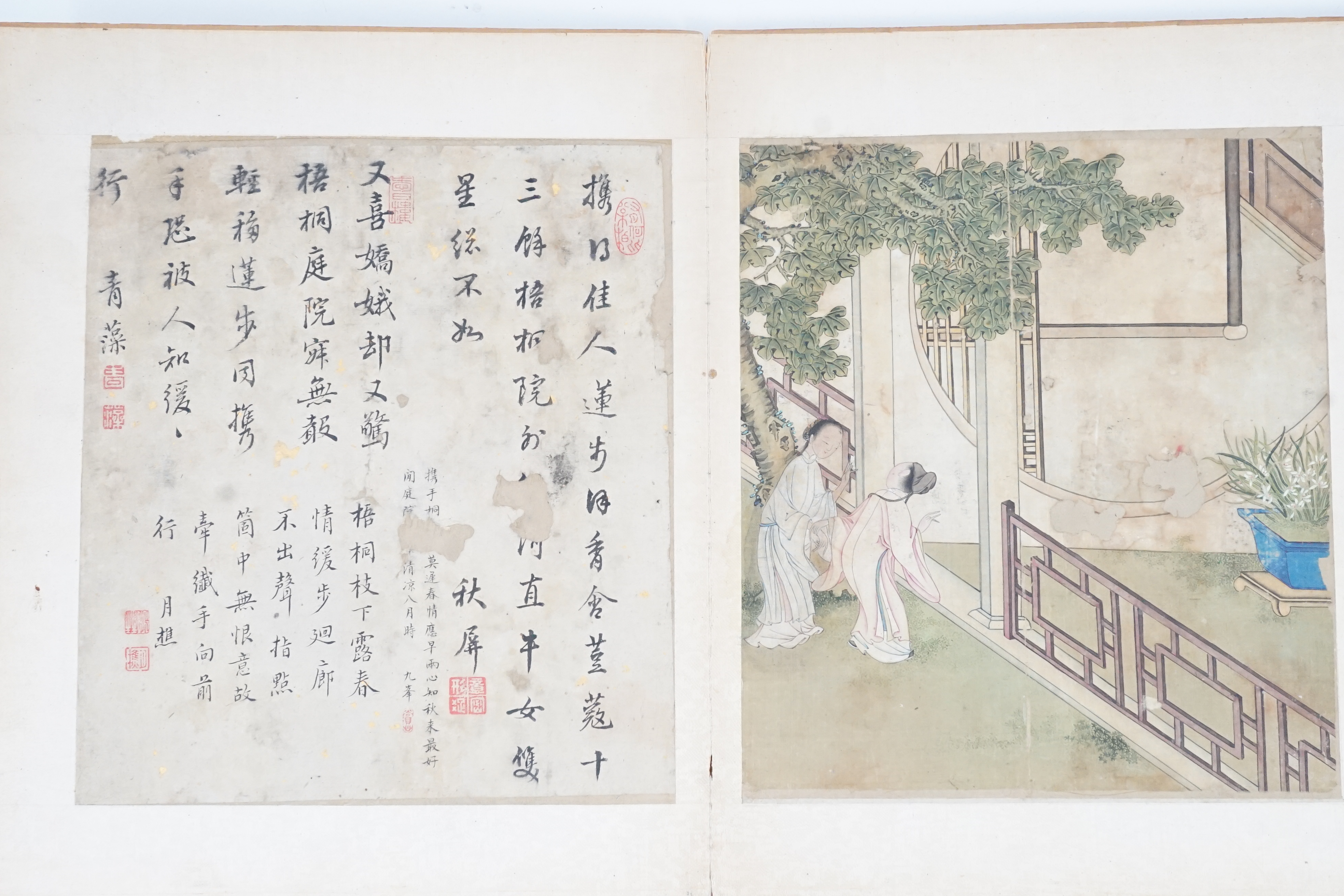 An album of six Chinese paintings on silk of lovers, late Ming dynasty, with six adjacent pages of calligraphy on paper, pages separated, some losses to images and calligraphy